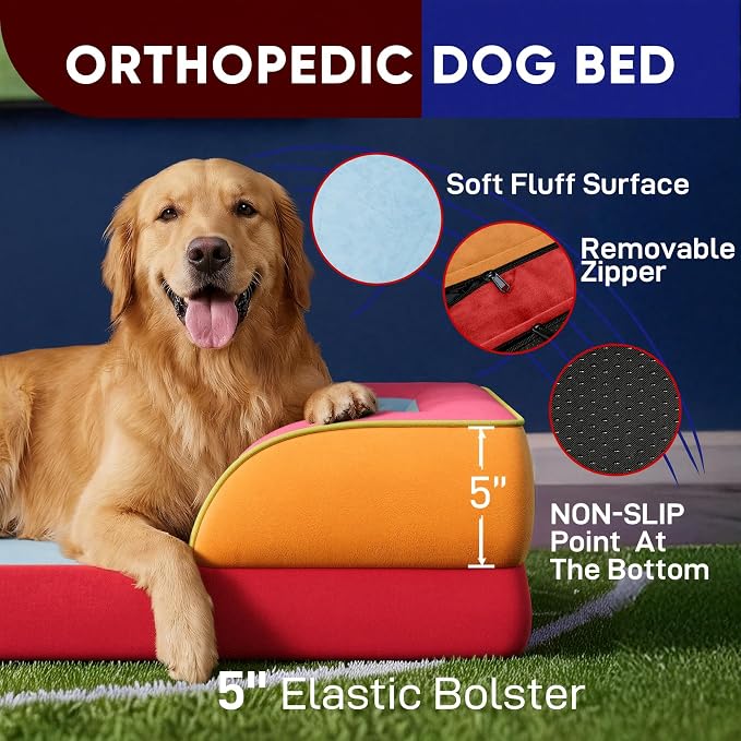 Comfort Expression Orthopedic Dog Bed for Extra Large Dogs 42x30 Inch, Waterproof Egg Crate Foam XL Pet Bed with Bolsters, Dog Couch with Washable Cover & Non-Slip Bottom, Miami