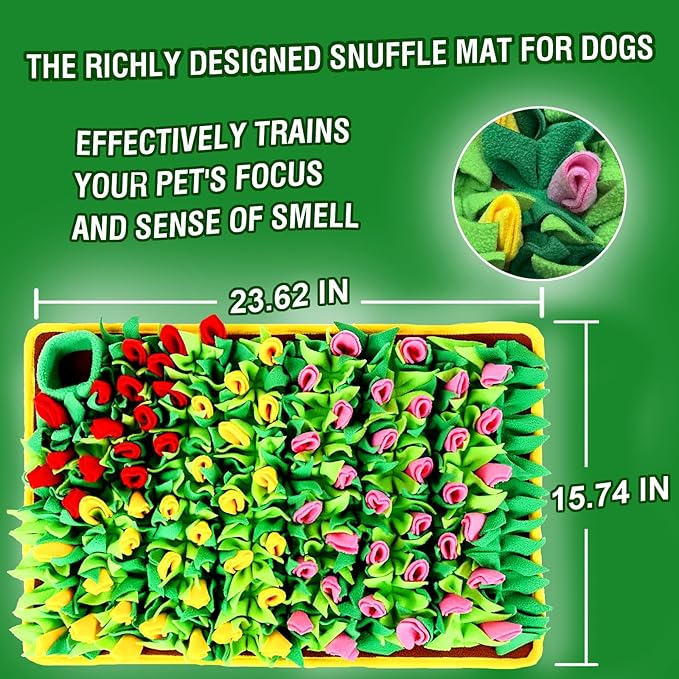 MYLIFESION Snuffle Mat 23.62''×15.75'' for Small & Medium Dogs, Slow Feeding Puzzle Sniff Mat for Cats Rabbits, Mentally Stimulating Scent Training, Portable Durable Pet Food Mat (Tulip Style)