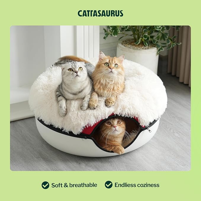 Cattasaurus Peekaboo Cat Cave for Multiple & Large Cats Up to 30-45 Lbs, Fluffy Cat Beds & Furniture, Scratch Detachable & Washable Tunnel Bed, Comfy Donut Bed (Ruby Snowball, Large (Calming))