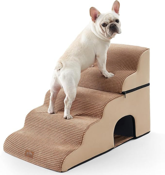 COZY KISS Extra Wide Dog Stairs with Tunnel, Detachable Large Pet Step for Small Medium Dog, Puppy or Cat, Ramp for High Bed, Couch, Sofa or Car, Stable, 19.7x33x22.4 inch, 5 Step, Light Brown