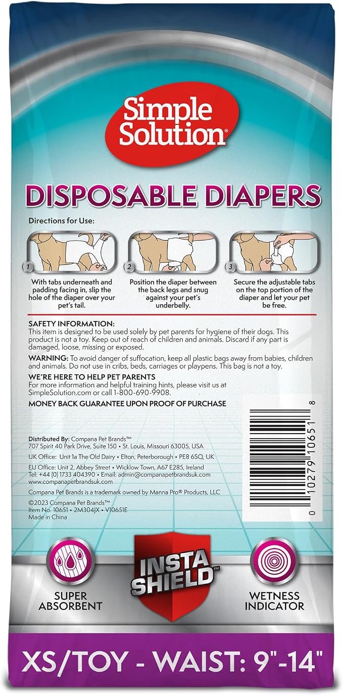 Simple Solution Female Dog Diapers – Disposable Leak-Proof Diapers for Potty Training, Incontinence, and Heat Cycle – Extra Small Fit for 9–14 Inch Waist – 30 Count (Pack of 12)