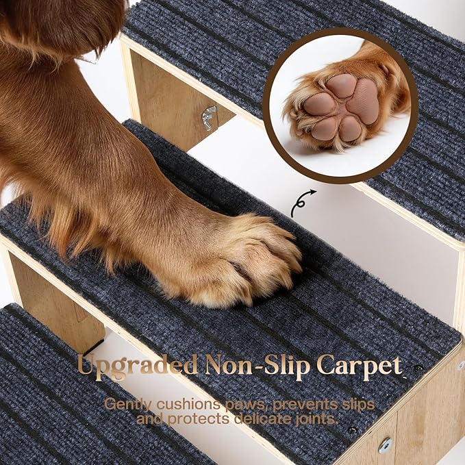 4-Step Wooden Dog Steps for Bed, Anti-Slip Dog Stairs with Carpet Pads, 23.6 Inches Pet Ramp for Dogs to Get on Bed, Pet Stairs for Old & Senior Dogs/Cats, Pet Steps Ladder for High Beds/Couch Sofa