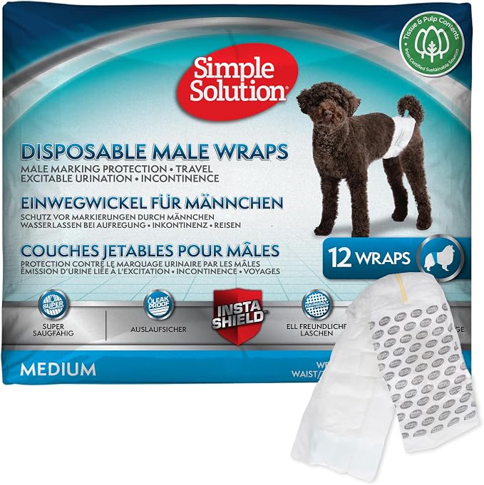 Simple Solution Disposable Male Wraps, Absorbent Leak Proof Belly Bands for Dogs, Incontinence Aid, Puppy Training, Marking Control, and Travel Protection, Medium Dogs, 15–23 Inch Waist, 30 Count