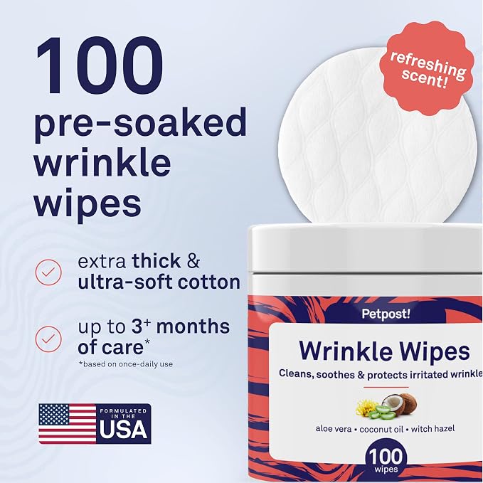 Petpost Wrinkle Wipes for Dogs | 100 Count Dog Face & Wrinkle Cleaner | Gentle Pet Wipes with Coconut Oil for Bulldogs, Pugs & Wrinkly Breeds | Dog Cleaning & Deodorizing Wipes