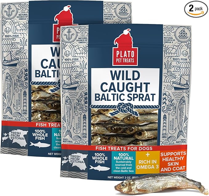 Plato Pet Treats Fish Dog Treats - Air-Dried, Single Ingredient Pet Treat - Omega 3 & 6 Fatty Acids to Support Skin and Coat - 100% Whole Fish - Wild Caught Baltic Sprat - 3 oz - 2 Pack