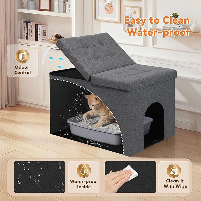 Cat Litter Box Enclosure Furniture for Odor Control, Hidden Cabinet Cat Litter Box Furniture Ottoman with Flip-Up Lid,Cats Litter Box Bench with Storage Space, Dog Proof (Grey, Large)