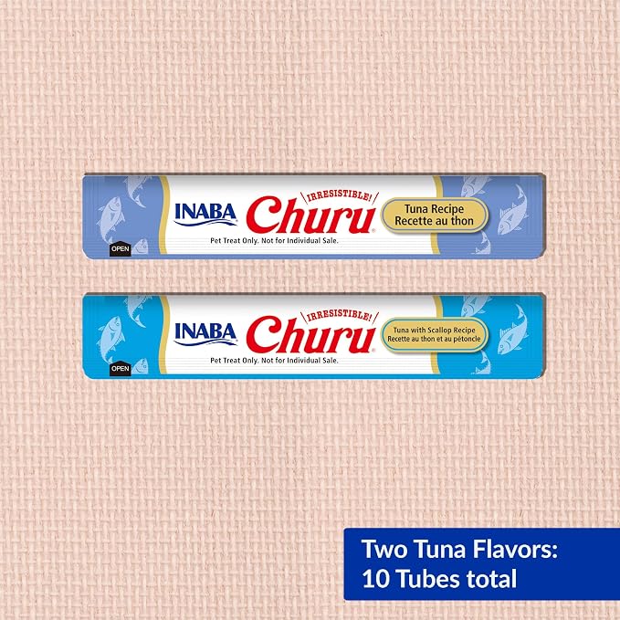 INABA Churu Cat Treats, Lickable, Squeezable Creamy Purée Cat Treat with Green Tea Extract & Taurine, 0.5 Ounces Each Tube, 10 Tubes, Tuna Variety