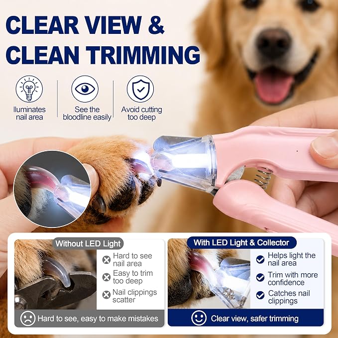 2-in-1 Dog Nail Clippers with Light - Electric Pet Nail Grinder Quiet for Small Large Dogs & Cats, LED Prevent Over Cutting, USB-C Rechargeable Safety Guard Grooming Kit for Black Nails, Pink