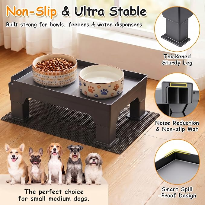Adjustable Raised Dog Bowl Stand and 100% Waterproof & Non-Slip Mat, Elevated Dog Bowls Stand for Small Medium Sized, Easy-Clean Silicone Pet Food Mat- Neck Strain Relief & Protect Your Floors