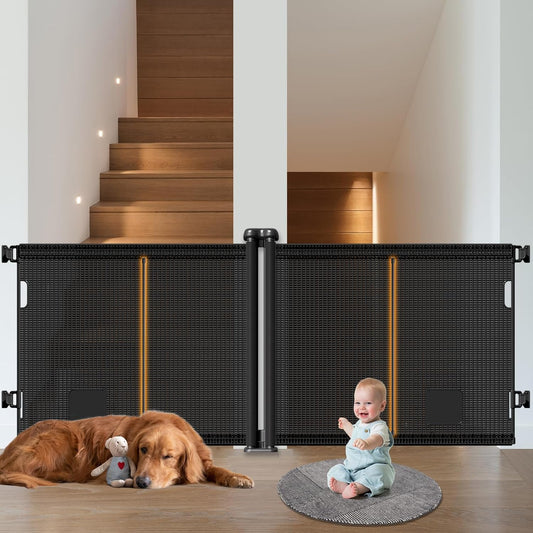 2-in-1 Retractable Baby Gates, 41" Tall Mesh Dog Gate with Cat Door 1-Pack, One Side Up to 71" Wide, Total 142" Wide, Long Retractable Pet Gate for Stairs Landing Indoor Outdoor-Black