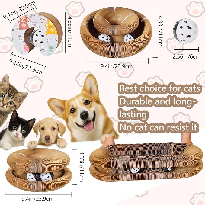 2 Pack Cat Scratcher Toys for Indoor Cats, Interactive Accordion Cardboard with Bell Ball, Foldable Infinity Style Cat Enrichment Toys