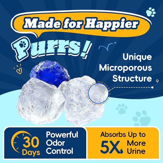 LMJP Crystal Cat Litter with Powerful Odor Control, Non-Clumping, Lasts Up to 6 Months, 24lb, Rapid Water Absorption, Unscented & Low Tracking Lightweight Blue & White Silica, 3 Pack of 8 lb