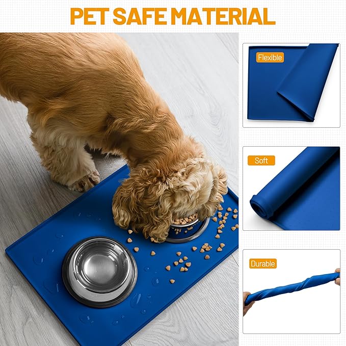 Hubulk Dog Feeding Mat,100% Waterproof BPA Free Silicone Pet Food and Water Bowl Placemat,Dishwasher, High Raised Edge to Prevent Spills,Nonslip Tray to Stop Messes on Floor (24"x16"x0.5", Navy)