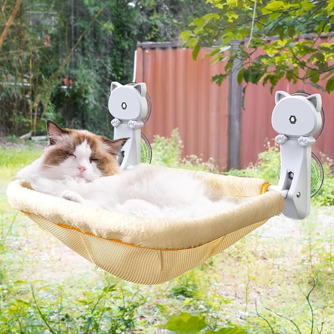 JUNSPOW Cat Window Perch Cordless, Foldable & Stable Cat Beds- Breathable Cat Window Hammock for Overlooking, Sunbathing and Climbing - Maximum Hold Up to 40lb(Cream)