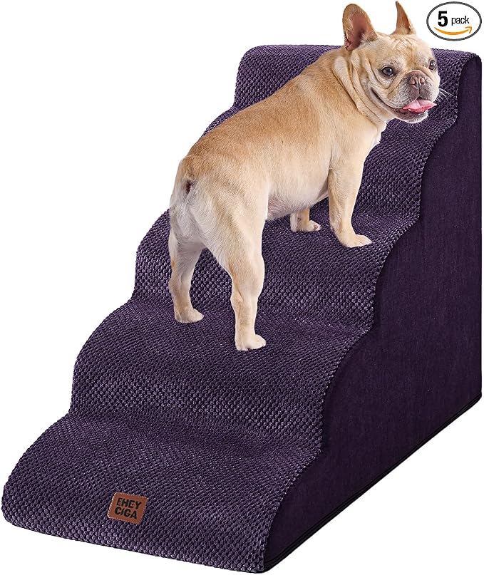 EHEYCIGA Curved Dog Stairs Ramp for High Beds 22.6" H, 5-Step Dog Steps for Small Dogs and Cats, Pet Stairs for High Bed Climbing, Non-Slip Balanced Pet Step Indoor, Purple