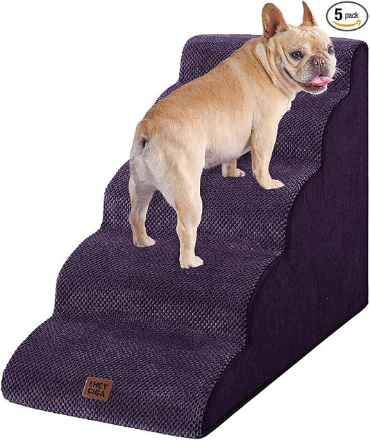 EHEYCIGA Curved Dog Stairs Ramp for High Beds 22.6" H, 5-Step Dog Steps for Small Dogs and Cats, Pet Stairs for High Bed Climbing, Non-Slip Balanced Pet Step Indoor, Purple