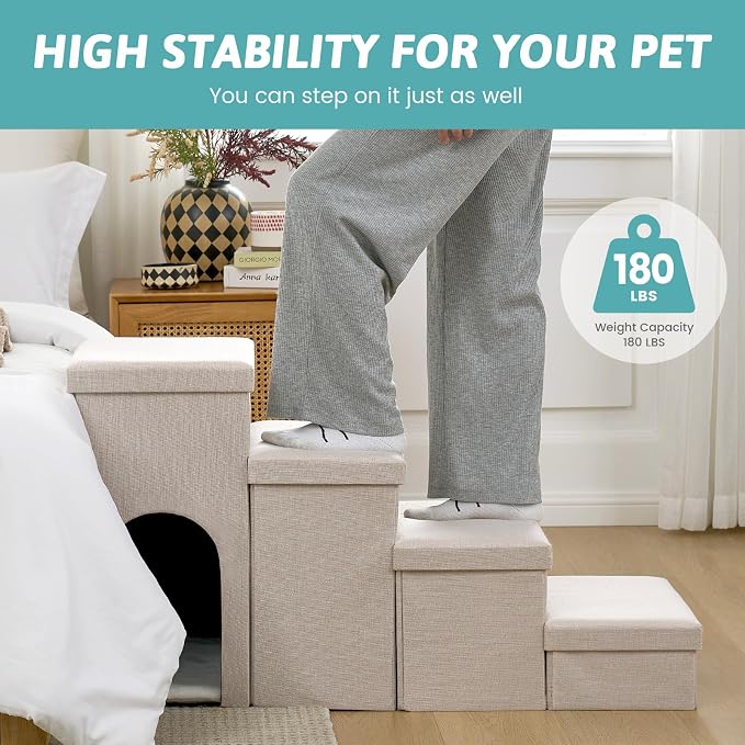 Dog Stairs with Storage, 4-Step Wider Sturdy Dog Steps for Small/Medium/Large Dogs and Older Cats, Doggie Ramp with Condo for Bed/Couch/Car Hold Up to 180 lbs (22.6" H, Beige)