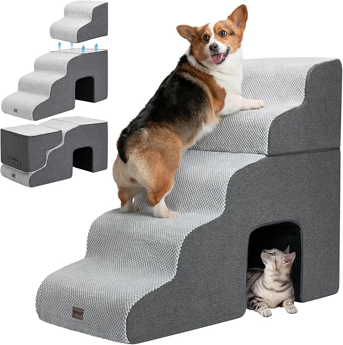 Garnpet Dog Stairs for High Beds with Tunnel, 5-Step Dog Steps for Small Dogs and Cats, Foldable Pet Stairs for High Bed Climbing, Non-Slip Balanced Pet Step Indoor, Light Grey