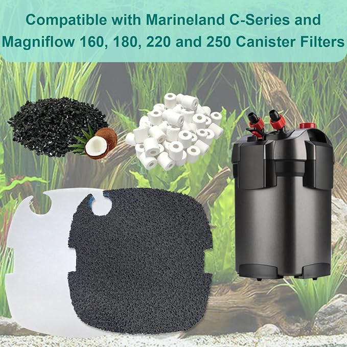 16-Set Aquarium Filter Media Kit Compatible with Marineland C-Series and Magniflow 160, 180, 220 and 250 Canister Filters, Includes Polishing Filter Pads, Ceramic Rings, Coconut Shell Carbon