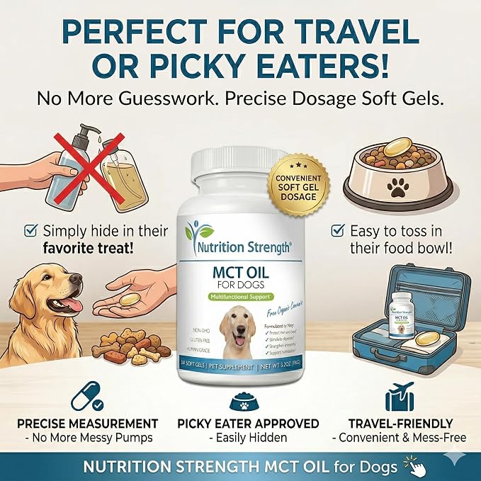 MCT Oil for Dogs from Organic Coconuts - Support Cognitive Function & Energy - Pure C8 & C10 Medium Chain Triglycerides - Boost Immunity & Senior Dog Brain Support, 90 Soft Gels