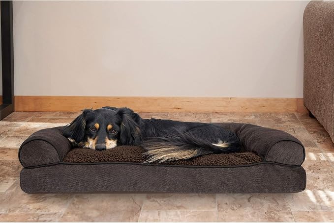 Furhaven Pillow Dog Bed for Medium/Small Dogs w/ Removable Bolsters & Washable Cover - Sherpa & Chenille Sofa - Coffee, Medium
