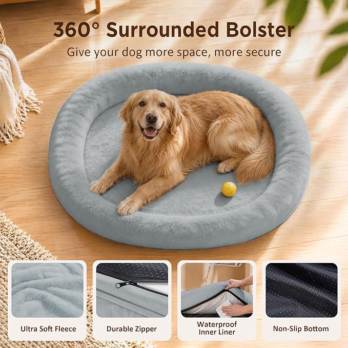 Orthopedic Dog Bed for Large Dogs, Waterproof Dog Bed for Large Size Dogs with Bolsters, Egg Crate Foam Sofa Bed with Washable Removable Cover & Non-Slip Bottom, Silver