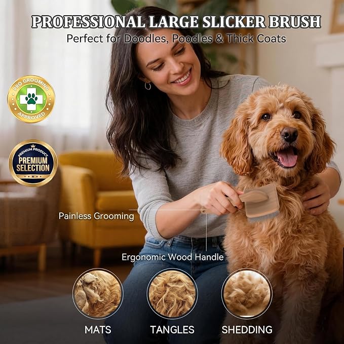 Slicker Brush for Dogs 4PCS- Lrage Dog Grooming Kit, Goldendoodle Labradoodle & Poodles with Detangling Comb for Haired Dogs, Matted Hair & Bath Massage Set, Naturally