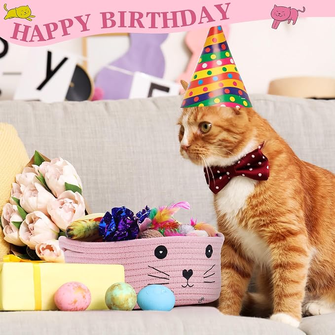 Zopeal 58 Pcs Summer Graduation Cat Storage Basket Gift Toys Set, Colorful Flashing Balls Pet Bell Crinkle Balls Spring Toys Attract Cat to Swat, Hunt, Interactive for Pet(Pink,9.8 Inch)