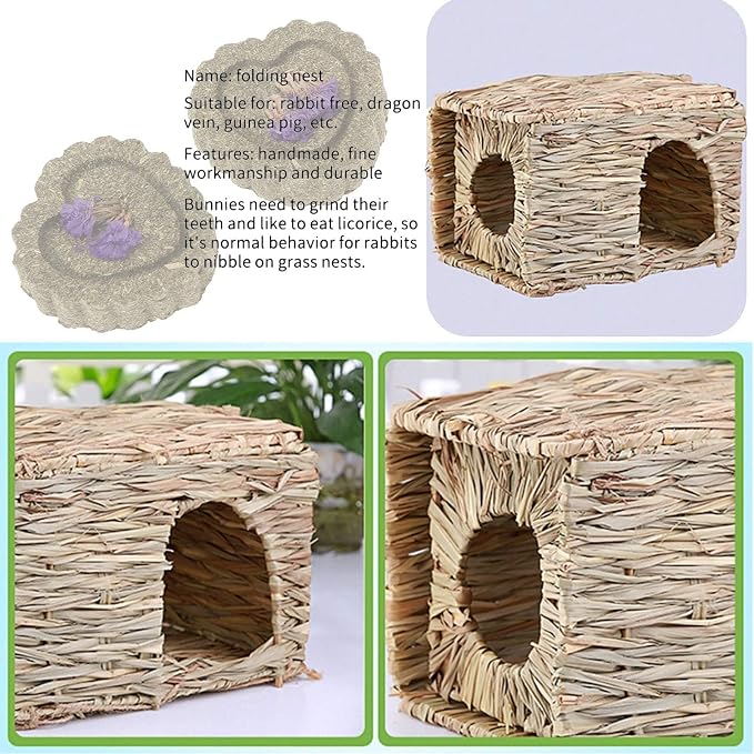 kathson 2 Pcs Large Rabbit Grass House Natural Foldable Hand Woven Seagrass Bed Carrot Hay Toy Hut Safe Comfortable Playhouse with 6 PCS Bunny Chew Toys for Bunny Hamster Guinea Pig Chinchilla Ferret