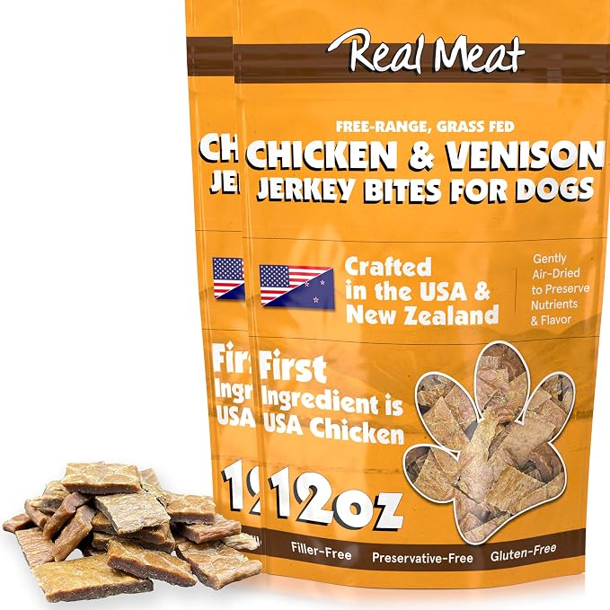 Real Meat Dog Treats - Two 12oz Bag of Bite-Sized Air-Dried Venison & Chicken Jerky for Dogs - Grain-Free Jerky Treats with 95% Free-Range Venison & Chicken - All-Natural Treats