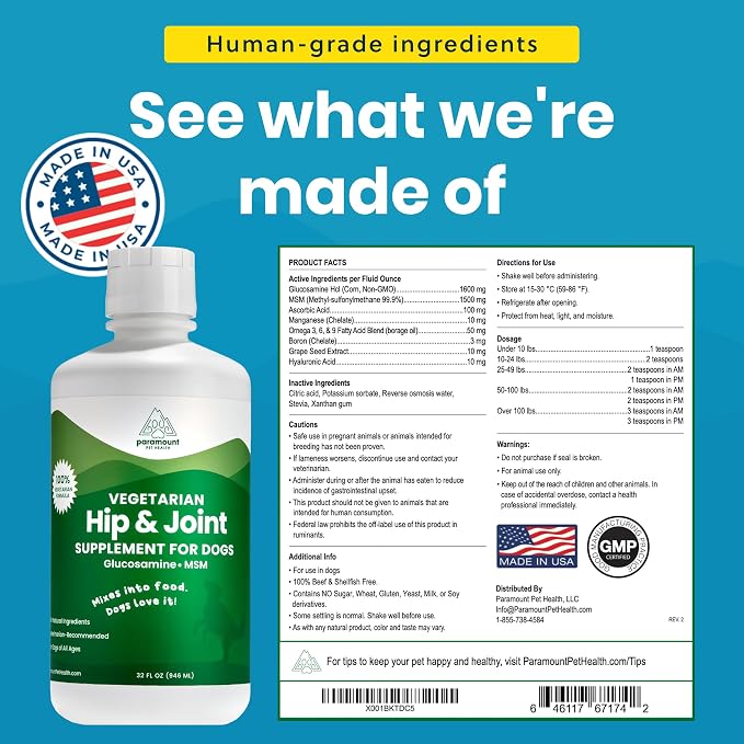 Plant-Based Liquid Glucosamine for Dogs, 1600mg Joint Support with Chondroitin, MSM & Omega 3-6-9, Shellfish-Free Dog Arthritis Supplement for Mobility & Flexibility, Made in USA, 32 oz