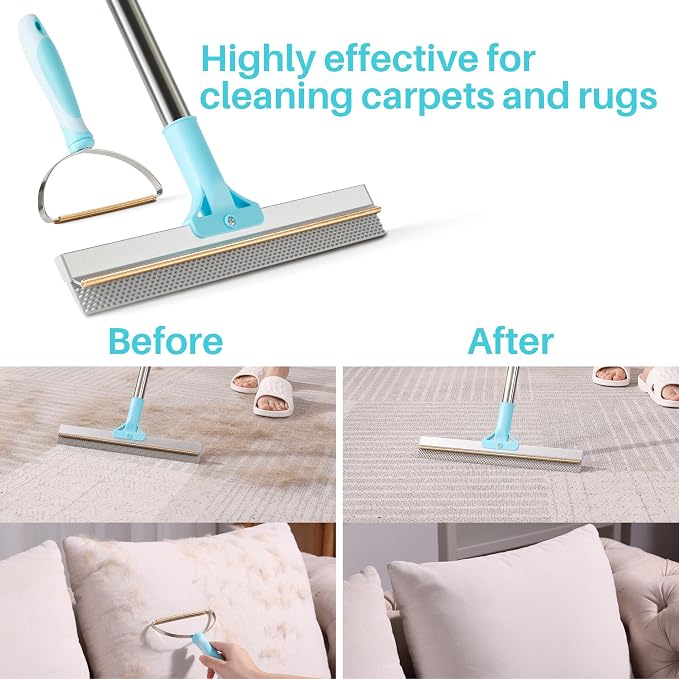 JOYMOOP 2 PCS Carpet Rake for Pet Hair Removal, 63" Adjustable Long Handle Carpet Rake and Short Handle Carpet Scraper for Carpet, Sofa,Cloth, Metal & Silicone Pet Hair Removal Tool