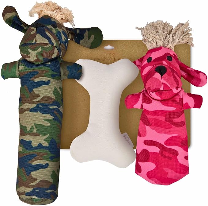 Durable Tough Cotton Canvas Squeaky Dog Toys, Eco-Friendly Interactive3-Pack Chew Toy Set for Small, Medium& Large Dogs, Sarge, T-Bone & Pinky