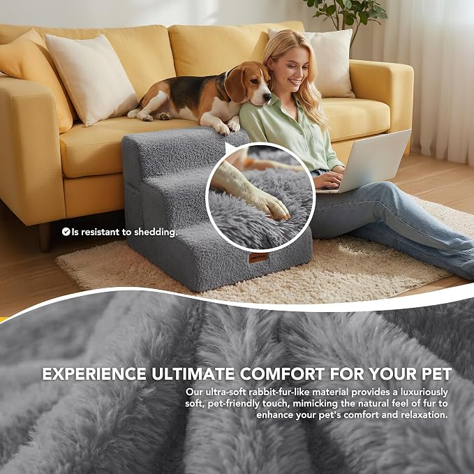 PETNOVO Dog Stairs for Couch and Sofa, 2-Step Dog Steps for Small Dogs, Faux Fur Non-Slip Foam Pet Stairs, Washable Cover, 15.7" D x 15.7" W x 11.8" H, Gray