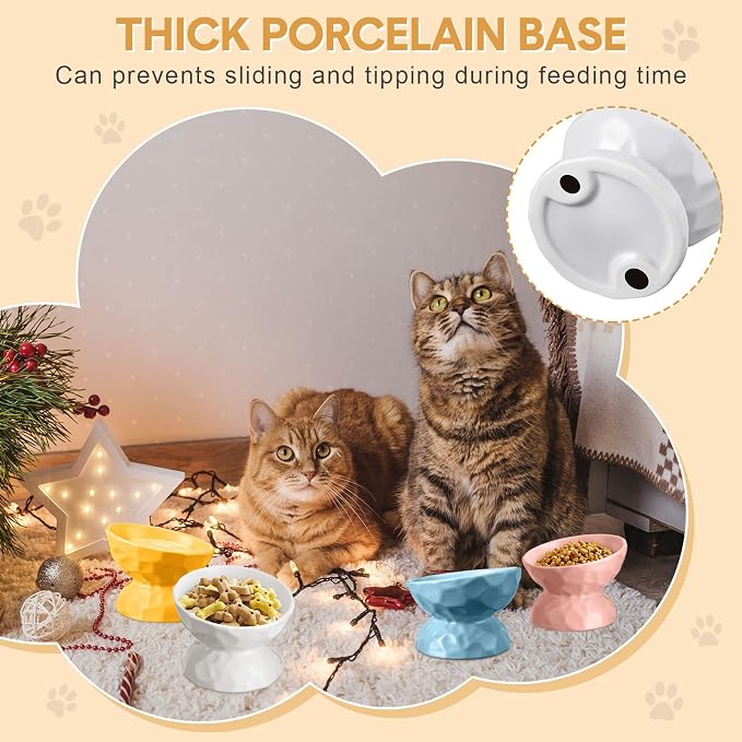 Bokon 4 Pcs Ceramic Raised Cat Bowl 6.8 oz Pet Food Bowl Anti Vomiting Pet Elevated Dog Feeder Tilted Cat Water Bowl Feeding Kitten Dishes for Small Dog Kitten(White, Yellow, Blue, Pink)