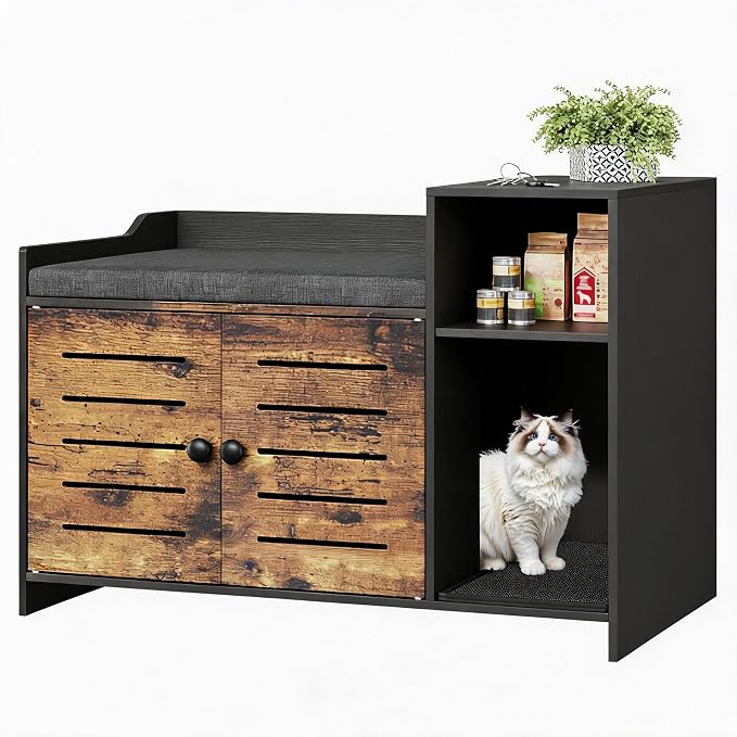Cat Litter Box Enclosure, Hidden Litter Box Cabinet Furniture with Scratch Pad, Farmhouse Indoor Cats House with Storage Layer for Hallway, Bedroom