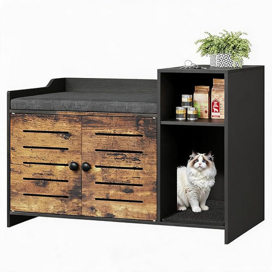 Cat Litter Box Enclosure, Hidden Litter Box Cabinet Furniture with Scratch Pad, Farmhouse Indoor Cats House with Storage Layer for Hallway, Bedroom