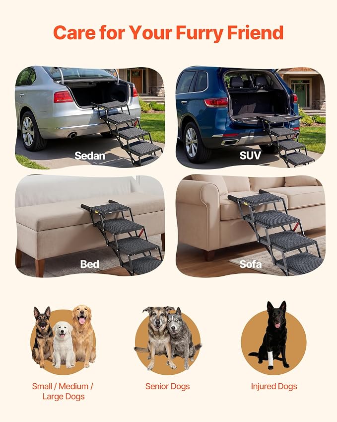 VEVOR Dog Stairs for Car, 5 Steps Extra Wide Foldable Dog Ramp for Large Dogs with Non-Slip Rug Surface, Portable Lightweight Pet Ladder for Car, SUV, Truck, High Beds, Sofas, Support up to 200 lbs