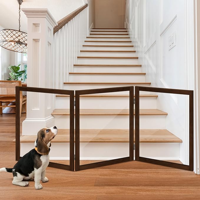 LZRS Clear Dog Gate for Indoor Use - Transparent Pet Fence with Solid Hardwood and Plastic Board, Stylish & Durable freestanding Pet Gate for Doorways, Stairs and Hallways-3 Panel Brown