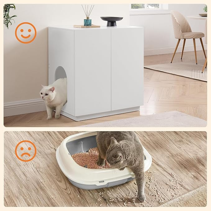 unipaws Tall Cat Litter Box Enclosure with Shelves, Hidden Litter Box Cover for Tall or Top Entry Litter Box, Kitty Enclosed Litter Box Cabinet, Cat Box Furniture，White