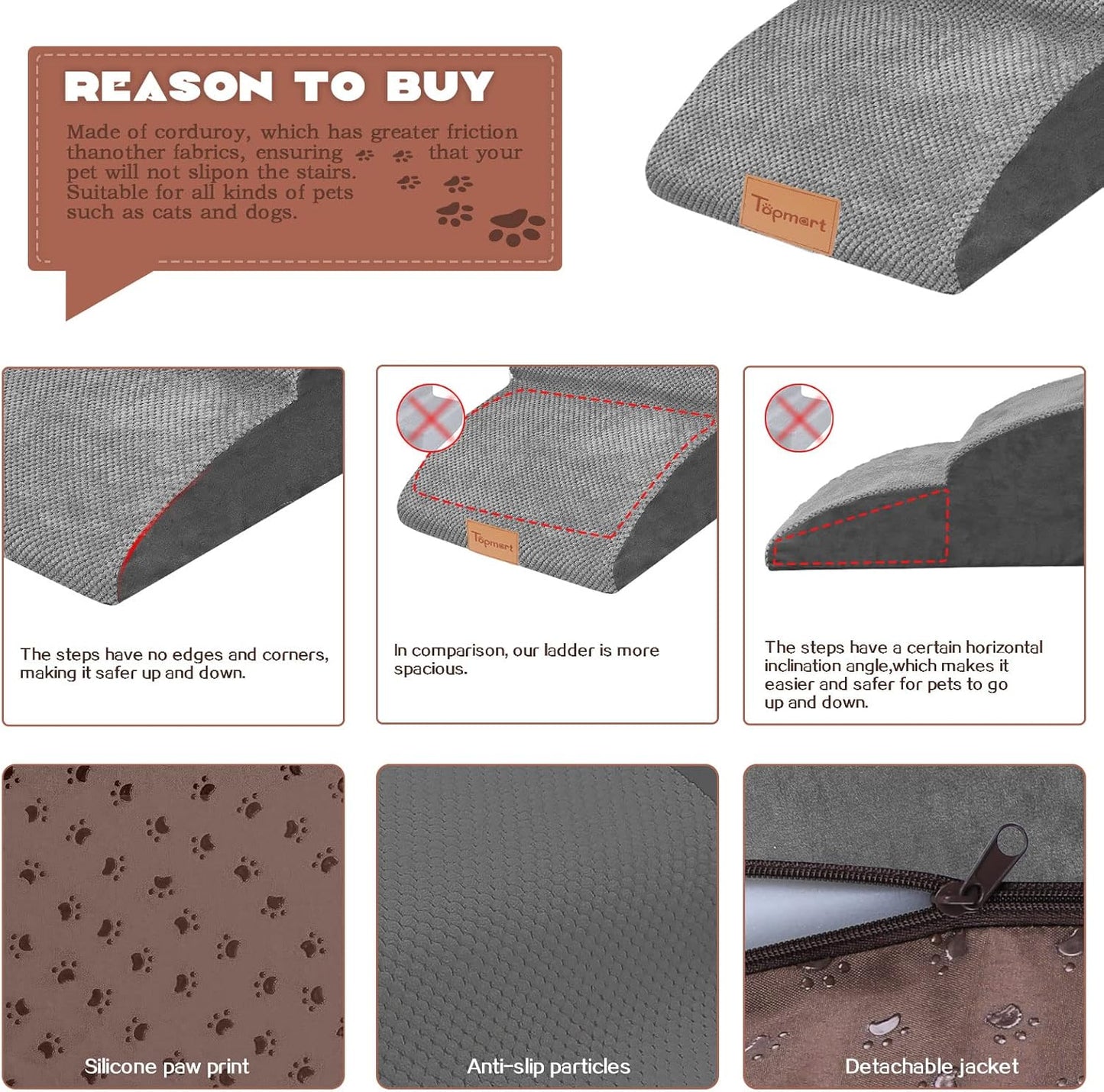 Topmart High Density Extended Foam Dog Ramp&Steps 3 Tiers,15.7" High,Non-Slip Dog Stairs with Waterproof Cover,Soft Foam Pet Ladder,Best for Injured,Older Cats,Pets with Joint Pain