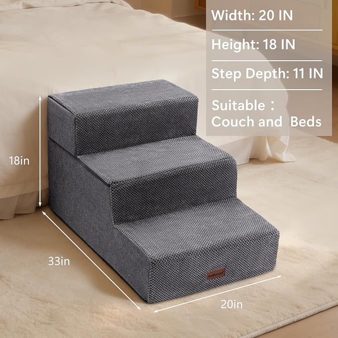 AODISMAN Dog Stairs for Large Dogs 18" H, Extra Wide Dog Steps for High Beds & Couches, 20" Wide Deep Steps, Non-Slip Dogs Ramp, 3-Step Pet Stairs, Grey