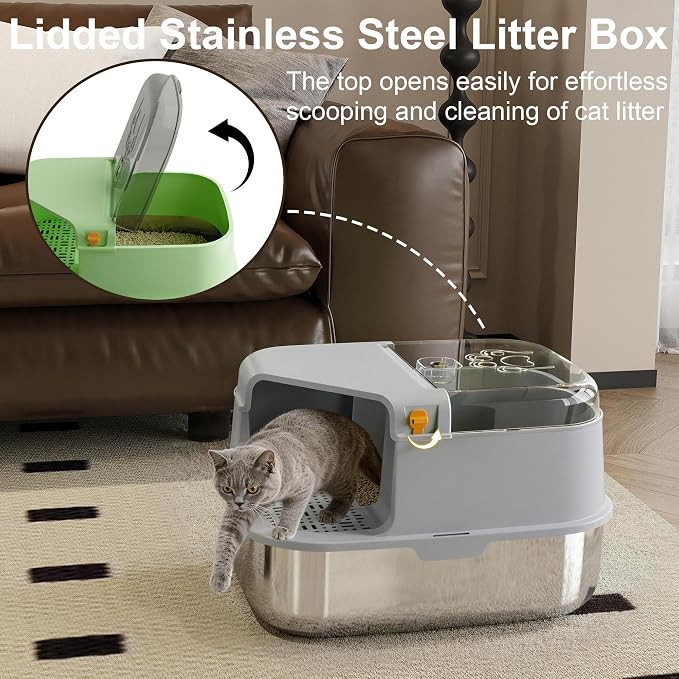 3-in-1 Convertible Cat Litter Box, ABS + Stainless Steel Pan, Enclosed Low Entry High Sided Box with Litter Trapping Grid, 23.1x16.93x14.1 Inch, for Senior Kittens & Large Cats（Grey）