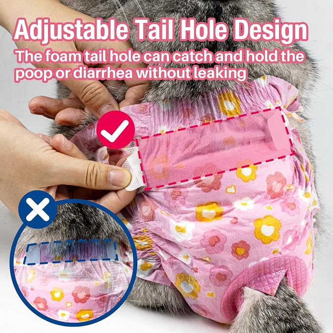 Pet Soft Disposable Cat Diapers - Diaper for Female & Male Cats, Puppy Doggie Diapers for Female Dogs with Adjustable Foam Tail Hole, X-Small (24Pcs, PK Flowers)