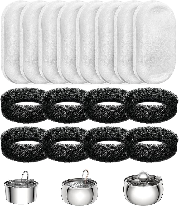 Official Tomxcute Cat Water Fountain Replacement Filters - 16 Pack Cat Fountain Filter for 3.2L/108oz & 4L/135oz Pet Water Fountain, Three-Layer Filtration Replacement Filters(8+8 Pack), 4 Month Set