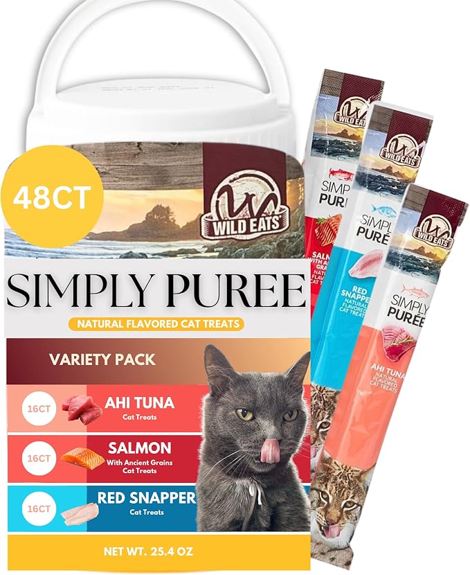 Wild Eats Simply Puree Variety Tub for Cats | 48 Individual Servings of All-Natural, High-Protein Puree Treats | Includes Multiple Flavors | Grain-Free, No Artificial Additives, Smooth Texture