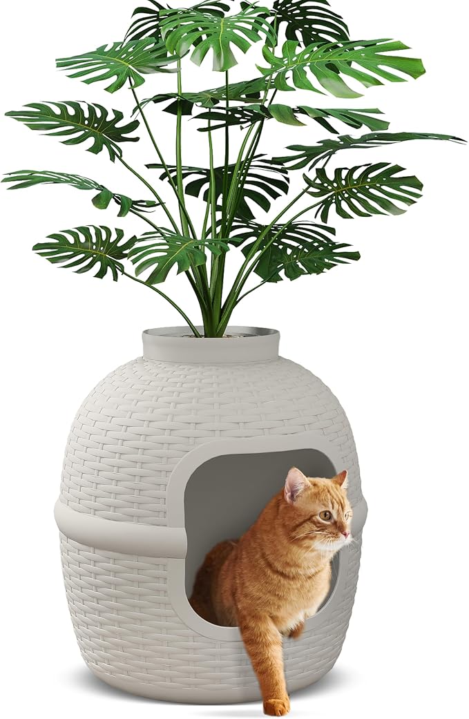 Hidden Plant Litter Box, Large Cat Litter Box Furniture with Odor Control Carbon Filter, Litter Box Enclosure for Home, Faux Plant and Real Stones, Gray