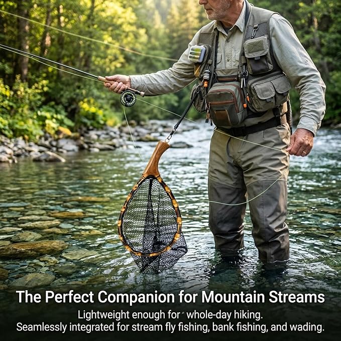 Floating Handcrafted Bamboo Fly Fishing Landing Net, Solid Wood Handle, Soft Rubber Coated Mesh for Trout, Kayak & Stream Fishing, Includes Magnetic Release & Safety Lanyard