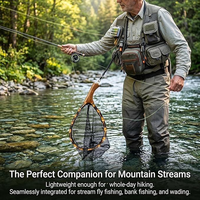 Floating Handcrafted Bamboo Fly Fishing Landing Net, Solid Wood Handle, Soft Rubber Coated Mesh for Trout, Kayak & Stream Fishing, Includes Magnetic Release & Safety Lanyard