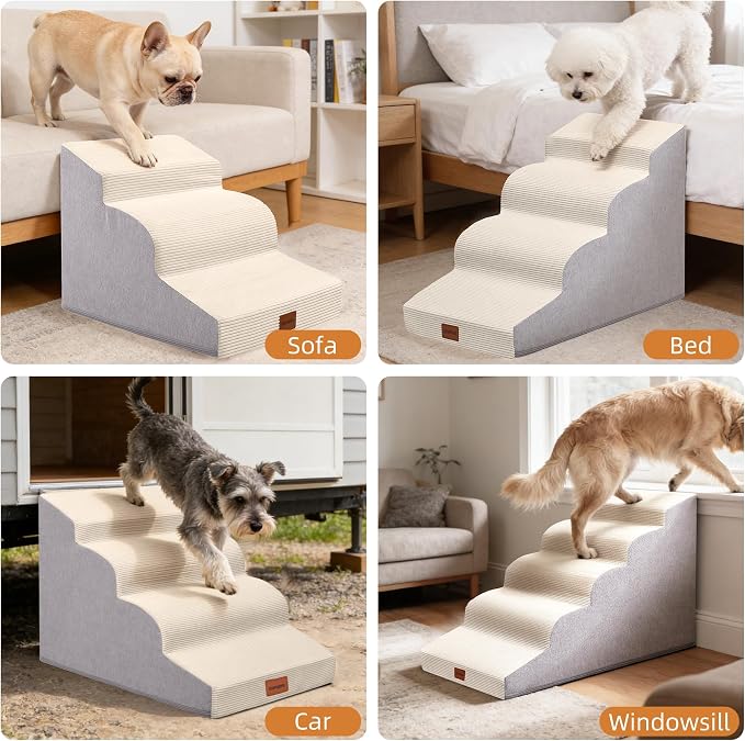 Dog Stairs for Large Dog, 22.6" H, 5-Step Pet Steps for High Bed Couch Sofa and Chair, Non-Slip Pet Ramp for Injured & Senior Pets with Washable Cover and Durable High Density Foam,Beige